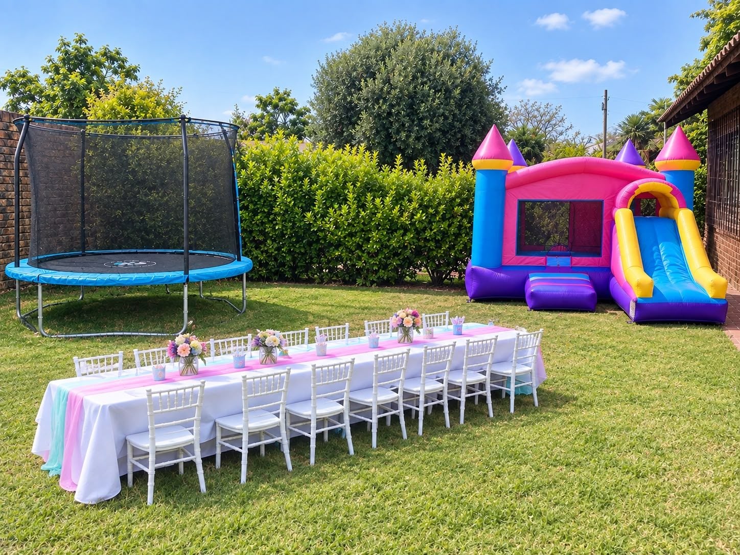 Kids' garden party setup with jumping castle